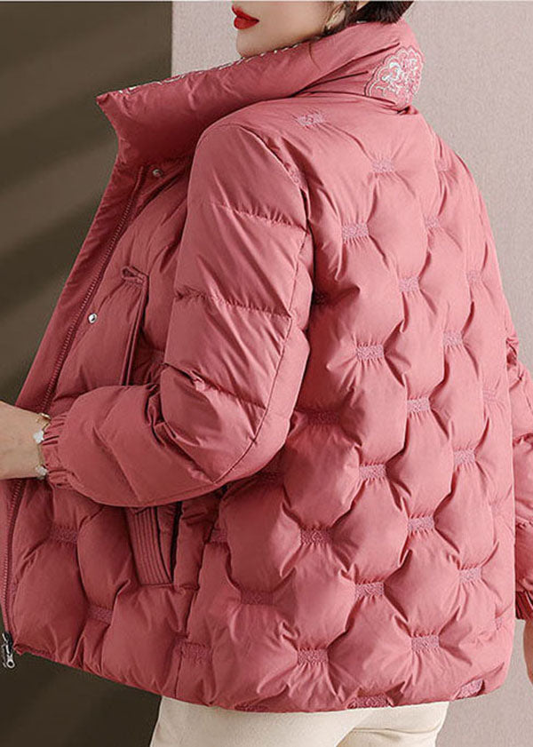 Elegant Pink Embroideried Stand Collar Duck Down Puffers Jackets Winter