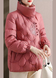 Elegant Pink Embroideried Stand Collar Duck Down Puffers Jackets Winter