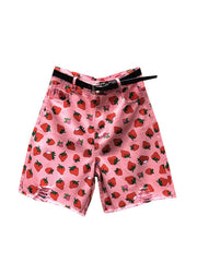 Elegant Pink High Waist Strawberry Print Patchwork Half Straight Pants