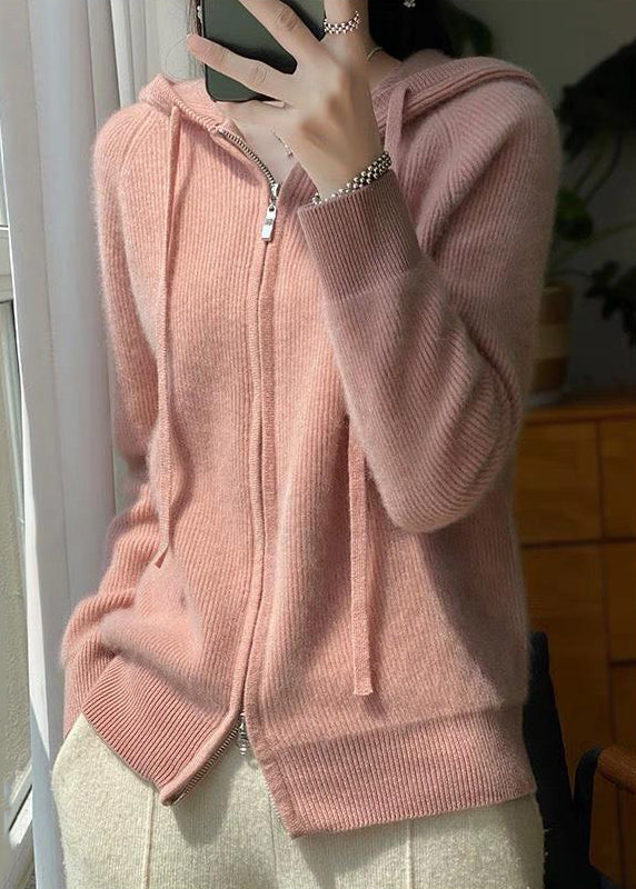 Elegant Pink Hooded Zip Up Wool Knit Coat Fall