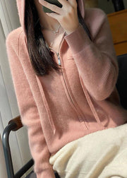 Elegant Pink Hooded Zip Up Wool Knit Coat Fall