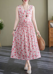 Elegant Pink Lace Up Wrinkled Print Cotton Long Dress Sleeveless