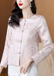 Elegant Pink O Neck Button Pockets Silk Coat Fall