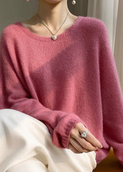 Elegant Pink O Neck Cozy Cashmere Knit Top Spring