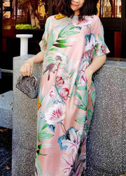 Elegant Pink O Neck Print Silk Long Dresses Summer