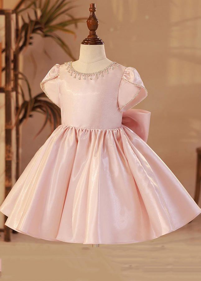 Elegant Pink O-Neck Wrinkled Tassel Patchwork Girls Mid Dresses Summer