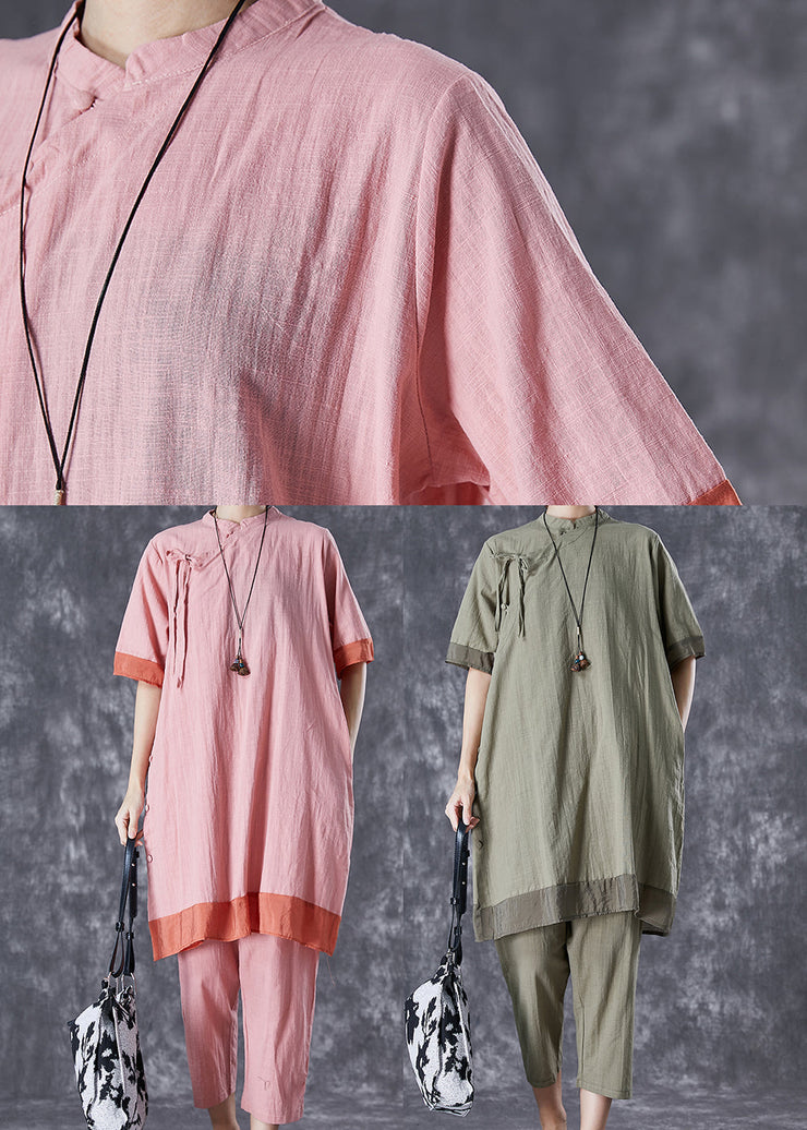 Elegant Pink Patchwork Lace Up Linen Dress And Pants Two Pieces Set Summer