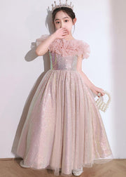 Elegant Pink Patchwork Tulle Girls Maxi Dresses Short Sleeve