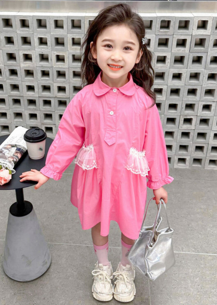 Elegant Pink Peter Pan Collar Patchwork Button Kids Long Shirts Dress Fall