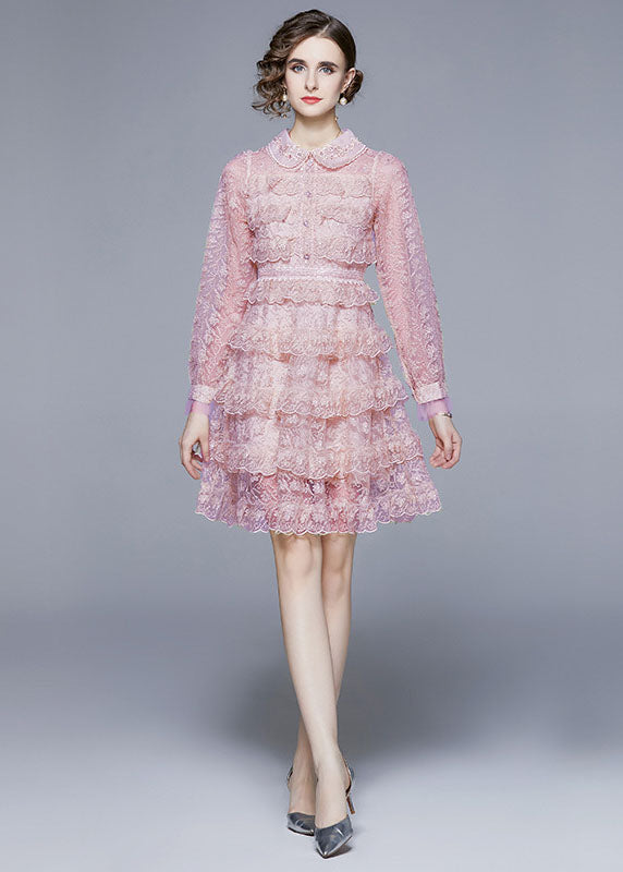 Elegant Pink Peter Pan Collar Ruffles Patchwork Mid Dress Long Sleeve