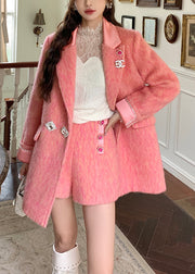 Elegant Pink Peter Pan Collar Zircon Woolen Coats Winter