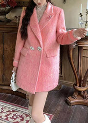 Elegant Pink Peter Pan Collar Zircon Woolen Coats Winter