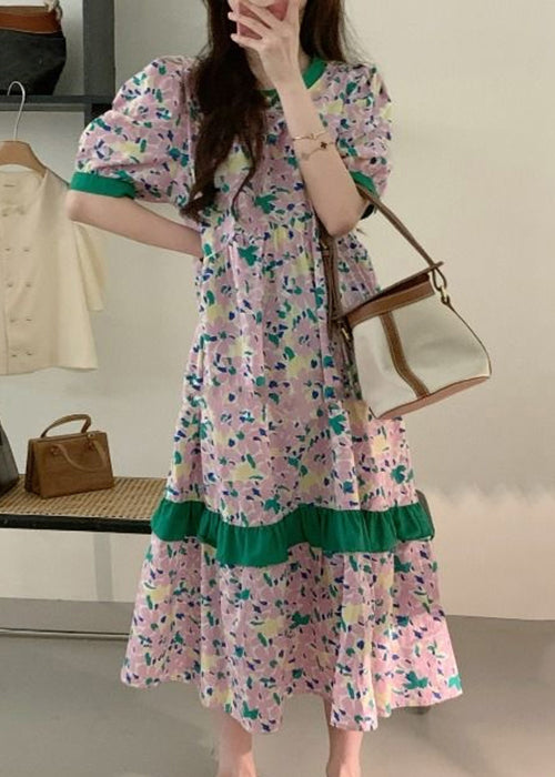 Elegant Pink Print Patchwork Cotton Long Dress Summer