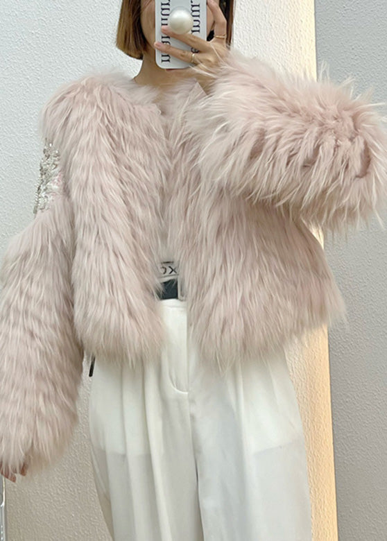 Elegant Pink Faux Fur Collar Nail Bead Button Leather And Fur Coat Winter