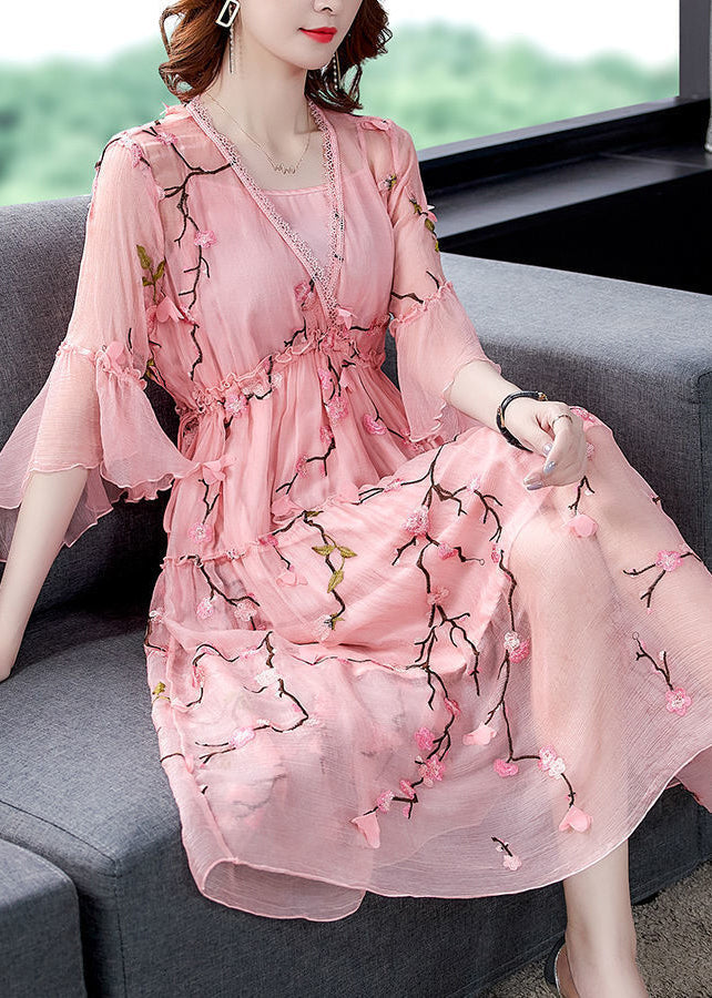 Elegant Pink Ruffled Embroideried ChiffonSilk Maxi Dresses Flare Sleeve