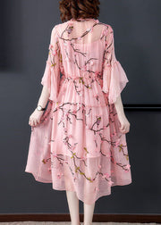 Elegant Pink Ruffled Embroideried ChiffonSilk Maxi Dresses Flare Sleeve