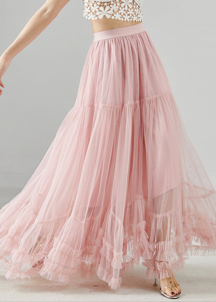 Elegant Pink Ruffled Exra Large Hem Tulle Skirt Fall