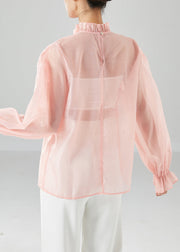 Elegant Pink Ruffled Floral Chiffon Blouses Summer