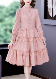 Elegant Pink Ruffled Lace Patchwork Exra Large Hem Silk Velour Dress Spring