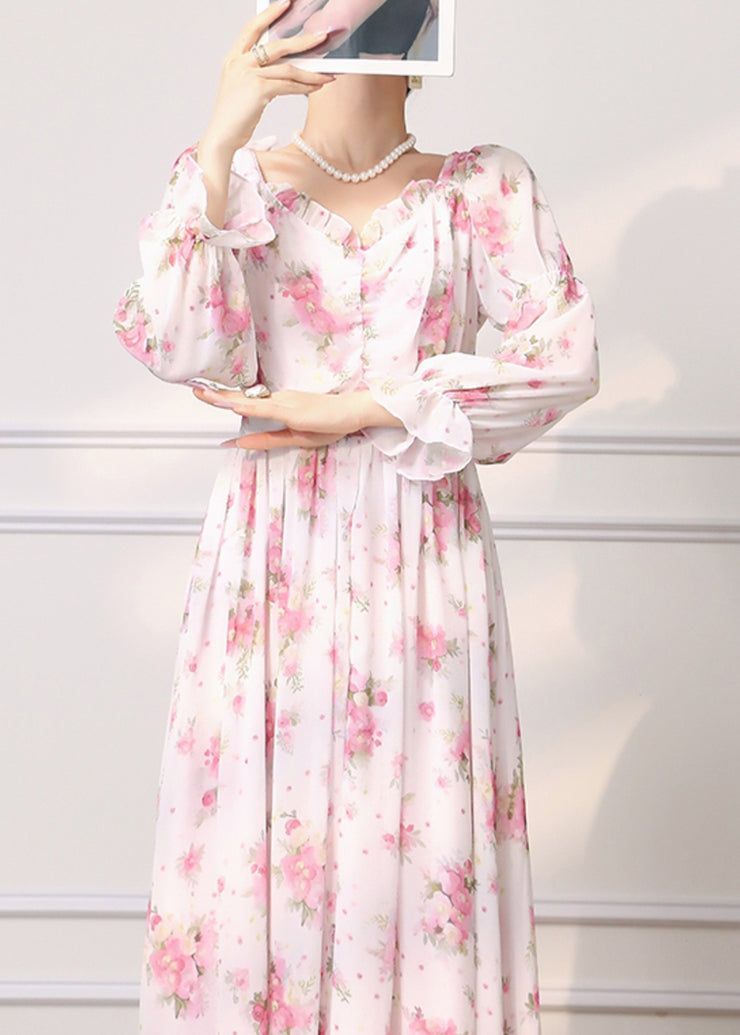 Elegant Pink Ruffled Print Chiffon Dress Long Sleeve