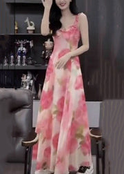 Elegant Pink Ruffled Print Chiffon Spaghetti Strap Dress Sleeveless