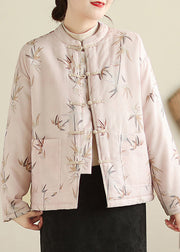 Elegant Pink Stand Collar Button Print Thick Coats Winter