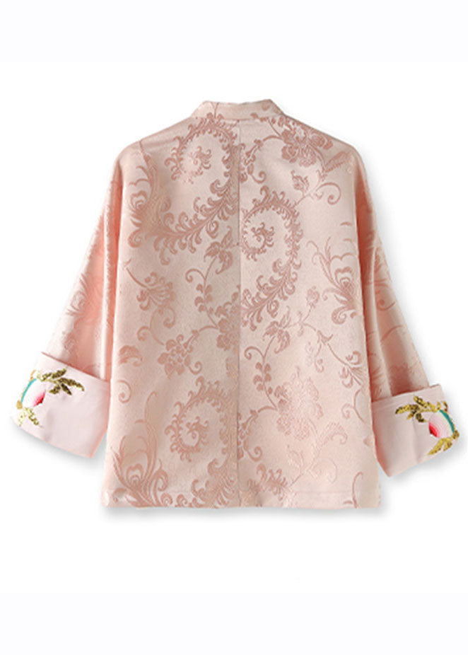 Elegant Pink Stand Collar Embroideried Silk Coat Long Sleeve