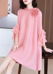 Elegant Pink Stand Collar Floral Nail Bead Vacation Dresses Petal Sleeve