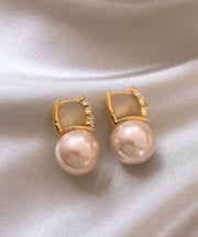 Elegant Pink Sterling Silver Overgild Pearl Hoop Earrings