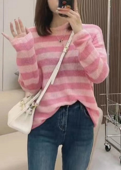 Elegant Pink Striped O Neck Cozy Knit Top Long Sleeve