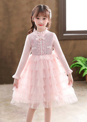 Elegant Pink Turtleneck Knit Patchwork Tulle Kids Vacation Mid Dresses Long Sleeve