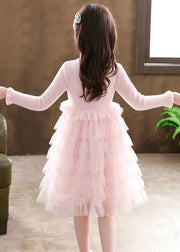 Elegant Pink Turtleneck Knit Patchwork Tulle Kids Vacation Mid Dresses Long Sleeve