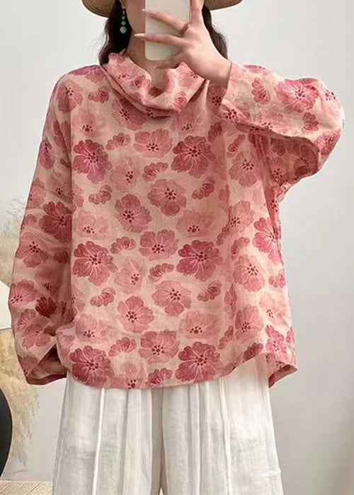 Elegant Pink Turtleneck Print Linen Shirt Long Sleeve