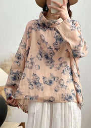 Elegant Pink Turtleneck Print Linen Shirt Long Sleeve