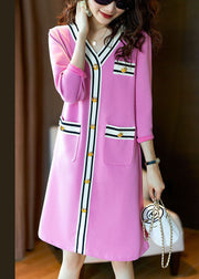 Elegant Pink V Neck Button Patchwork Cotton Mid Dress Spring