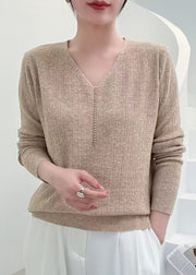 Elegant Pink V Neck Nail Bead Solid Knit Sweater Fall