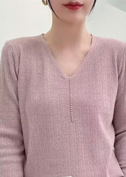 Elegant Pink V Neck Nail Bead Solid Knit Sweater Fall