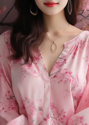 Elegant Pink V Neck Print Chiffon Blouses Bracelet Sleeve