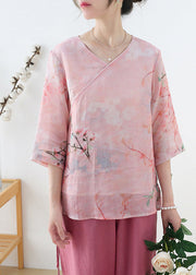 Elegant Pink V Neck Print Linen Shirt Top Half Sleeve