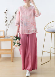 Elegant Pink V Neck Print Linen Shirt Top Half Sleeve