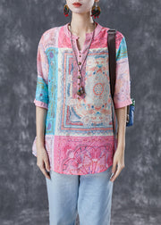 Elegant Pink V Neck Print Linen Tops Half Sleeve