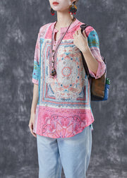 Elegant Pink V Neck Print Linen Tops Half Sleeve