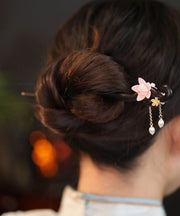 Elegant Pink Wooden Pearl Lotus Tassel Hairpin