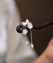 Elegant Pink Wooden Pearl Lotus Tassel Hairpin