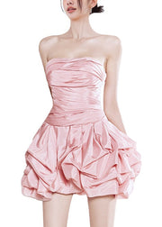 Elegant Pink Wrinkled Cold Shoulder Silk Mid Dress Sleeveless