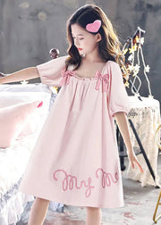 Elegant Pink Wrinkled Graphic Bow Cotton Girls Maxi Dress Short Sleeve