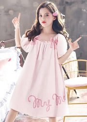 Elegant Pink Wrinkled Graphic Bow Cotton Girls Maxi Dress Short Sleeve