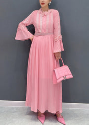 Elegant Pink Wrinkled Lace Patchwork Maxi Dress Flare Sleeve