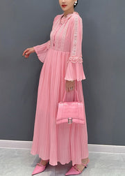 Elegant Pink Wrinkled Lace Patchwork Maxi Dress Flare Sleeve