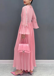 Elegant Pink Wrinkled Lace Patchwork Maxi Dress Flare Sleeve